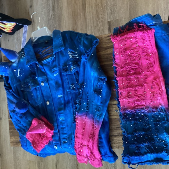 Blue and Pink Denim Jacket and Pants Set